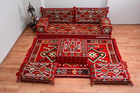 Oriental Floor Seating Sofa, Red white Arabic Turkish Moroccan Floor cushions, Kilim Couch
