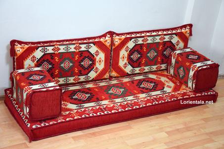 Oriental Floor Seating Sofa, Orange Arabic Turkish Moroccan Floor cushions, Kilim Couch