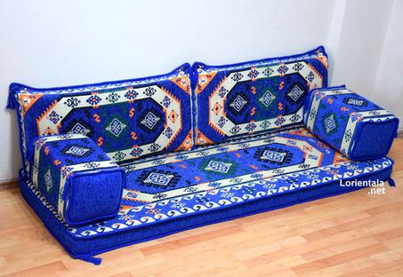 Oriental Floor Seating Sofa, Blue Arabic Turkish Moroccan Floor cushions, Kilim Couch