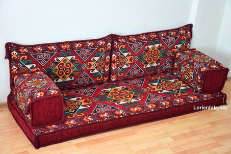 Oriental Floor Seating Sofa, Burgundy Arabic Turkish Moroccan Floor cushions, Kilim Couch