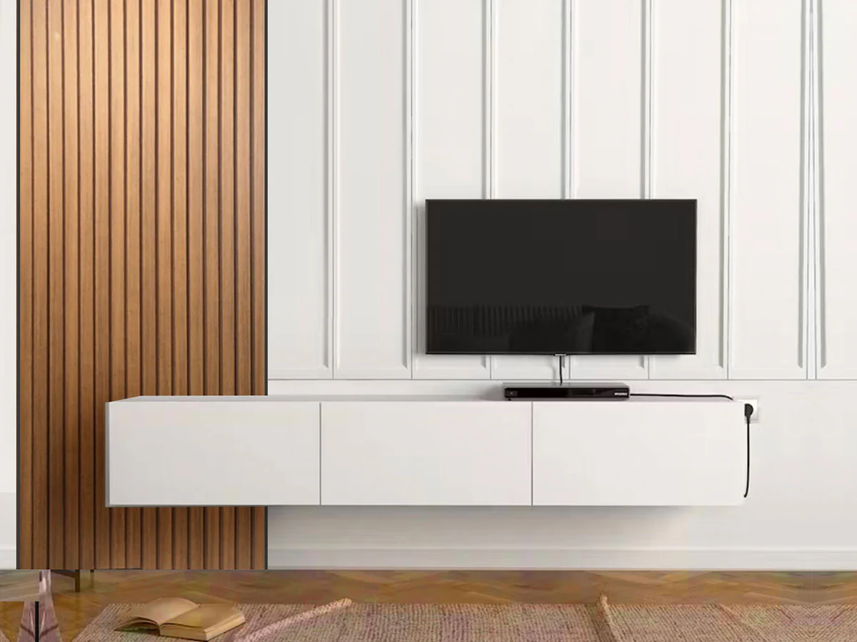 Meuble TV suspendu  Blanc  avec Bardage en bois MDF