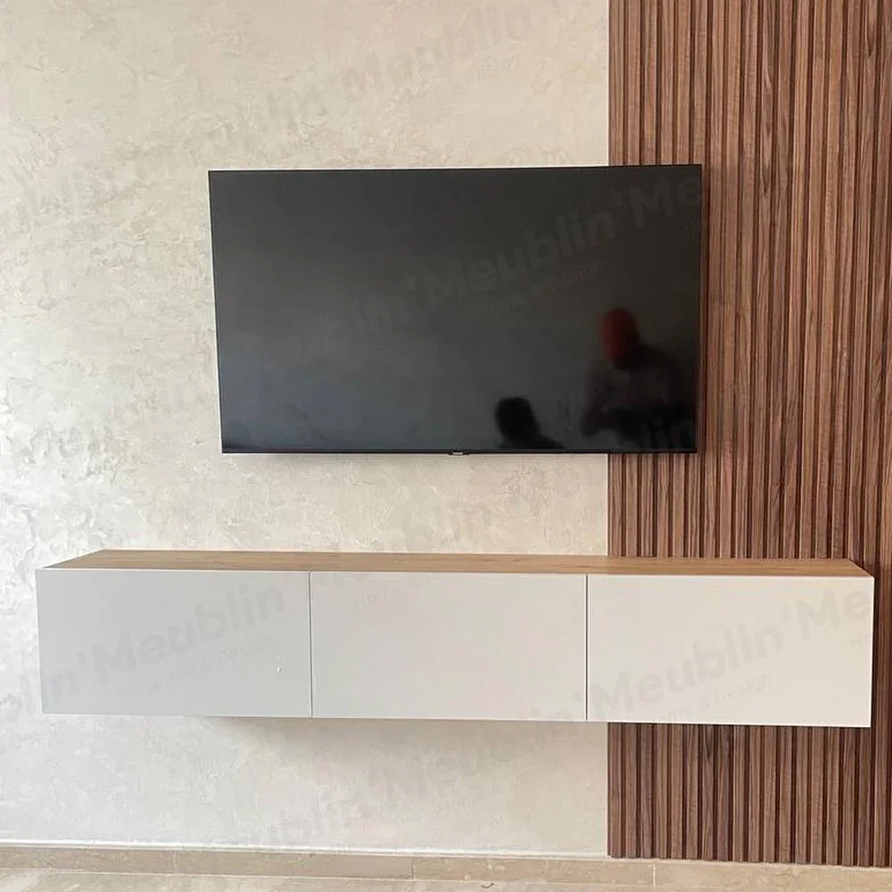 Meuble TV suspendu  Blanc  avec Bardage en bois MDF