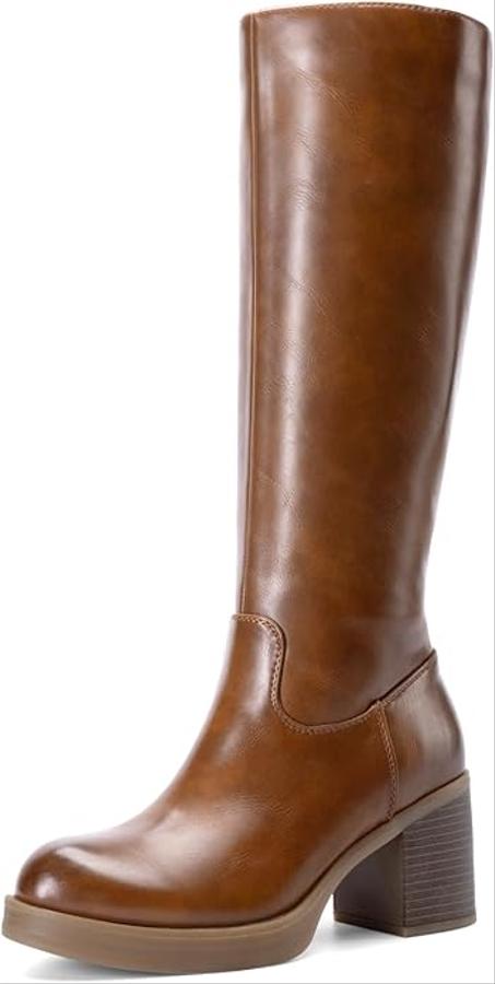 DREAM PAIRS Botas altas hasta la rodilla para mujer, tacón de plataforma gruesa, punta redonda, botas altas con cremallera lateral elegantes y cómodas