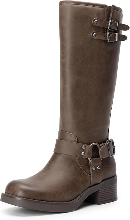 DREAM PAIRS Botas altas hasta la rodilla para mujer, con cremallera lateral, punta cuadrada, tacón bajo grueso, a la moda, botas de motociclista