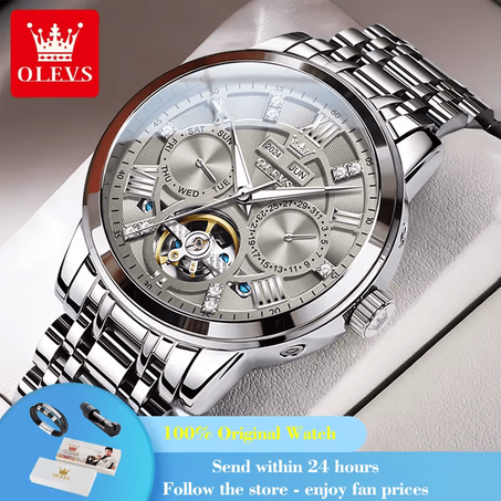OLEVS 6701 Luxury Auto Date Mechanical Watch For Men Hollow Skeleton Diamond Wristwatch Waterproof Luminous Business Man Watches