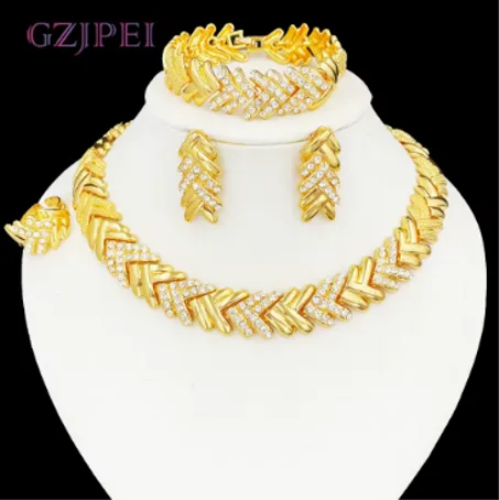 GZJPEI Fashion Crystal Jewelry Set Luxury Gold Plated Necklace Bracelet Wheat Ear Earring Ring Nigeria Wedding