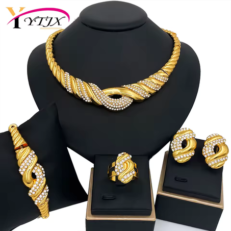 YTJX 4 Pcs Wedding Jewelry Set Fine Zircon Necklace Bracelet Earring Ring For African Dubai Gold Plated Jewellery Accessories