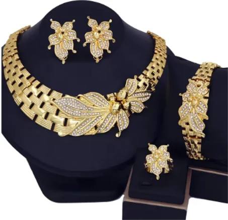 YTJX Wedding Jewelry Set Africal Big Flower Choker Necklace Fine Zircon Bracelet Piercing Earring Ring 18K Gold Plated Jewellery