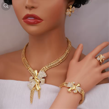YTJX Bridal Jewelry Set 18K Gold Plated Bow Tie Necklace Bracelet Bowknot Stud Earring Ring For Women Wedding Party Jewelry Gift