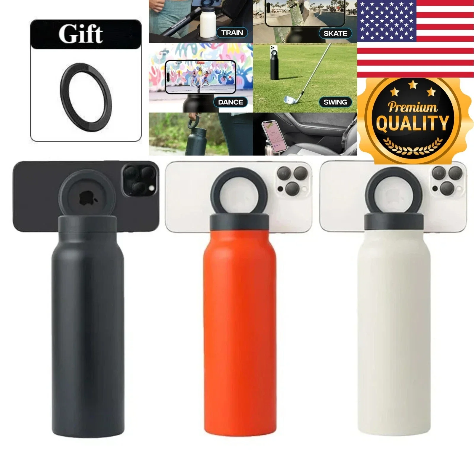 زجاجة مياة استانلس مع حامل موبيل مغناطيسى