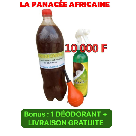 LA PANACEE AFRICAINE : UN BIDON DE UN LITRE ET DEMI + UN PURIGEOIR N°2  + UN DEODORANT = 10000 F . Livraison ou Expédition GRATUITE