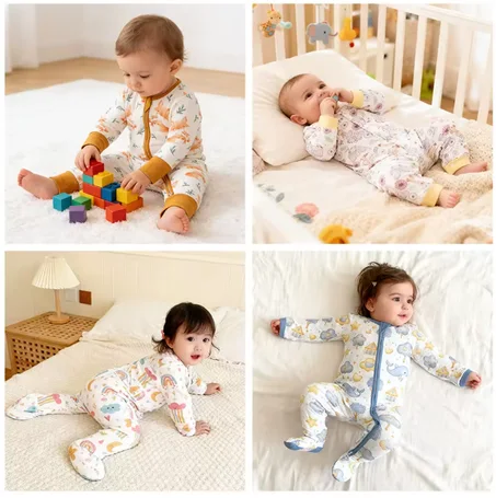بدلة نوم بسحاب للمواليد والأطفال – قماش خيزران ناعم (للجنسين)