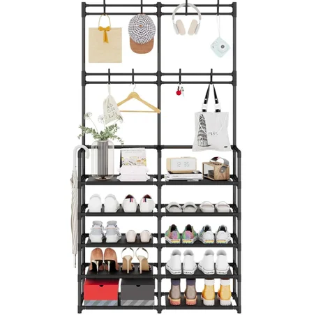 Meuble Rangement Multifonction – Étagère à Chaussures Double Rangée avec Porte-Vêtements & Supports Accessoires