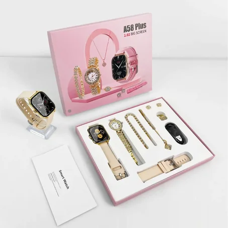Coffret Montre Connectée Femme A58 Plus avec Bijoux Élégants – Pack Complet Luxe, Style et Technologie en Un Seul Produit