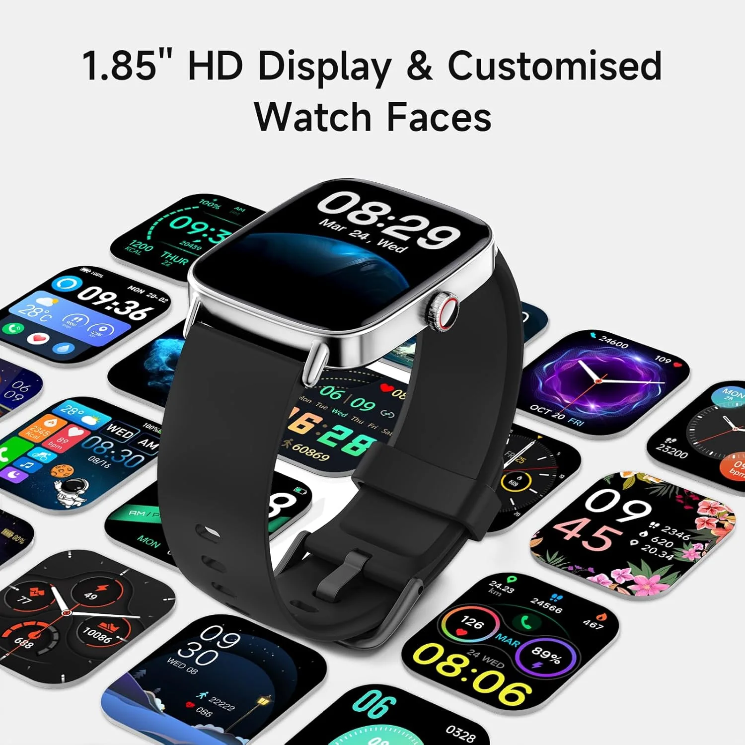 ساعة ذكية للنساء، شاشة لمس 1.85 بوصة عالية الدقة 60fps، الرد على المكالمات/إجراؤها، مراقبة معدل ضربات القلب/النوم/SpO2، أكثر من 100 وضع رياضي، ساعة لياقة بدنية مقاومة للماء IP68 من اياك (أسود