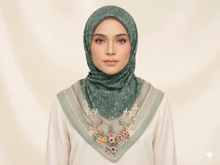 FOULARD CARRE FLEURI VERT SAUGE