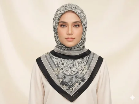 FOULARD CARRE FLEURI NOIR BLANC