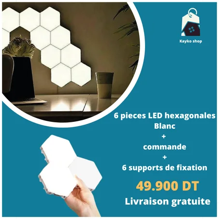 6 pièces LED hexagonales Blanc +  commande  +  6 supports de fixation