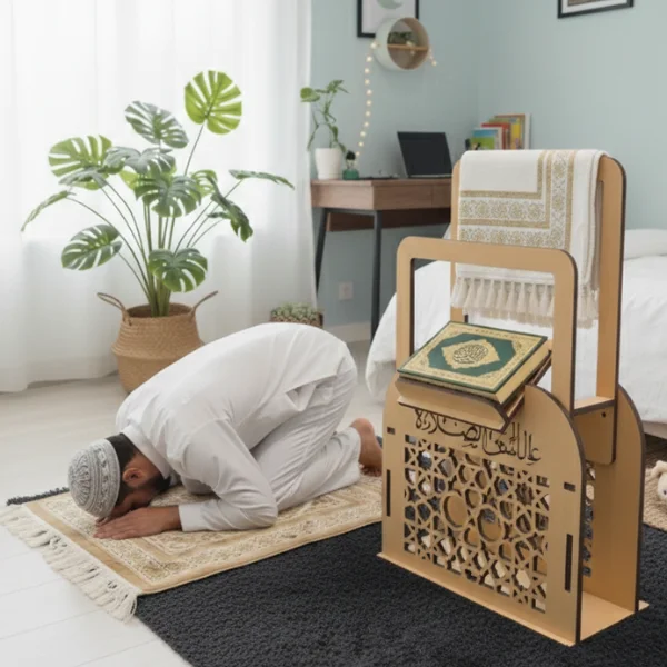 منظم وحامل المصحف + منظم سجاد  الخشبي بزخارف هندسية إسلامية
