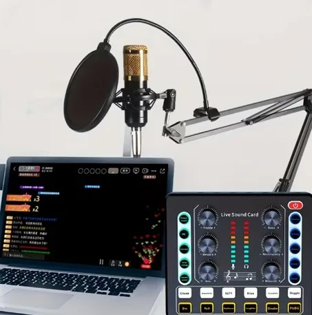 Podcast equipment Kit, Live sound card, portable audio interface, all-in-one sound card, microphone front amplifier, noise cancellation, multi-function knob, compatible with PC and smartphone