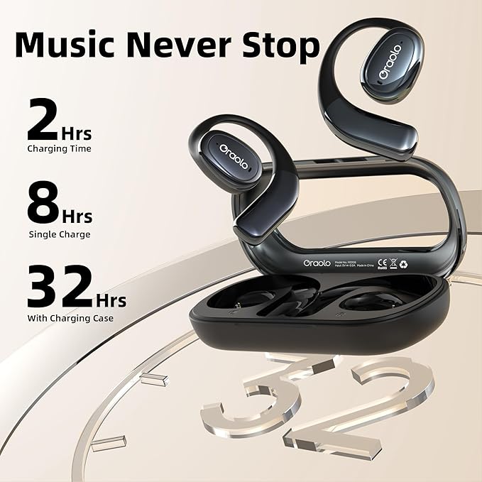 oraolo Open Ear Earbuds, Bluetooth 5.4 Wireless Earbuds with Large 16.2mm Driver, Open Earbuds with AI Noise Cancellation, 32 Hours Battery Life, Running Headphones Resistant to