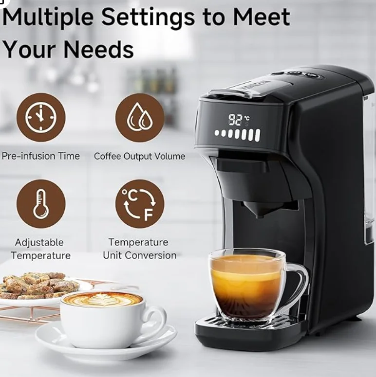 هيبريو ماكينة تحضير القهوة 6 في 1 من اتش 1 بي، ماكينة اسبريسو 19 بار متوافقة مع Kcup*/Ns*/DG*/ مسحوق اسبريسو، وضع بارد/ساخن مع مؤشر LED، موفرة للطاقة وحماية ضد الجفاف