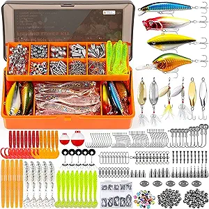 PLUSINNO 353/404 piezas de señuelos de pesca, caja de aparejos de pesca mejorada con aparejos incluidos, crankbaits, ganchos, pesas, otros accesorios, kit de equipo de cebo de señuelo de pesc