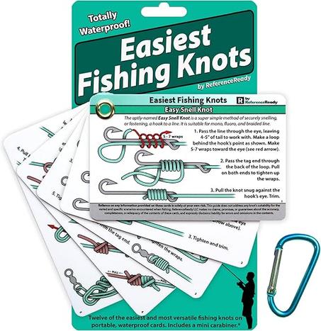 Nudos de pesca más fáciles: guía impermeable sobre cómo atar 12 nudos de pesca simples con mini mosquetón, perfecto para principiantes