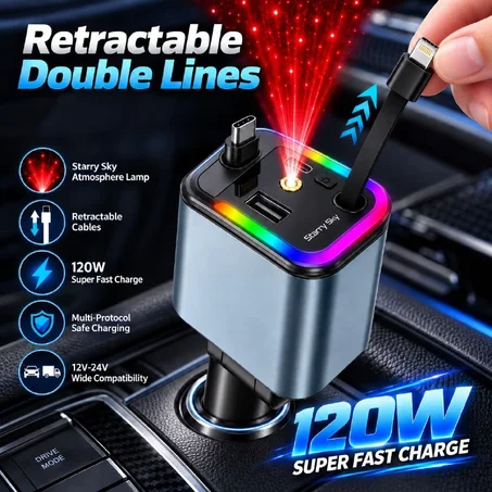 Chargeur de Voiture 120W Max 4 en 1 avec Câbles Rétractables et Ports USB/Type-C