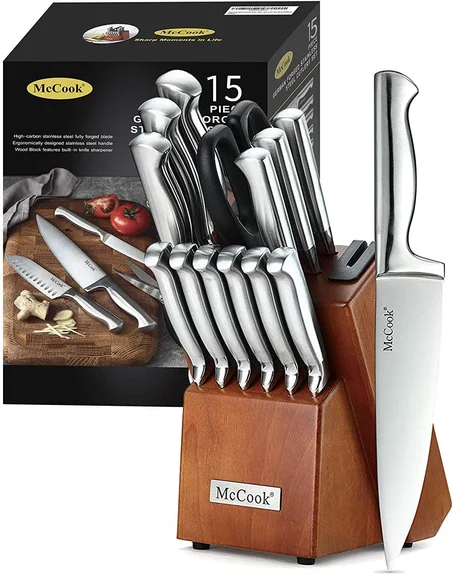 McCook® Juegos de cuchillos, juegos de bloques de cuchillos de cocina de acero inoxidable alemán con afilador incorporado
