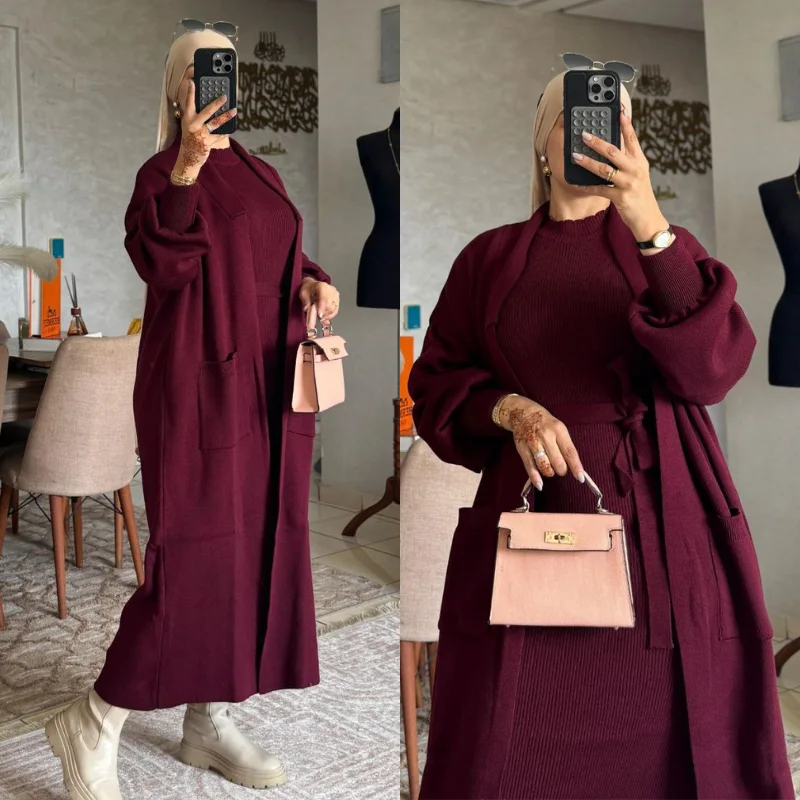 ✨ Ensemble Robe + Kimono – أناقة شتوية بلمسة فخمة