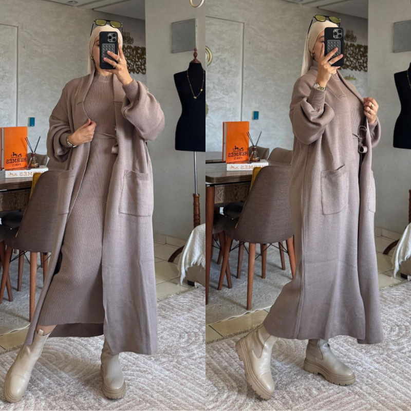 ✨ Ensemble Robe + Kimono – أناقة شتوية بلمسة فخمة