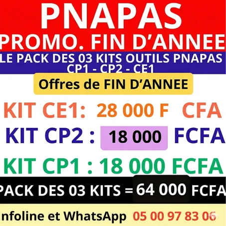✨ PROMO. FIN D’ANNEE –Pack des 03 Kits complets PNAPAS CP1, CP2 et CE1 = 64 000 Fau lieu 68800F  ✨