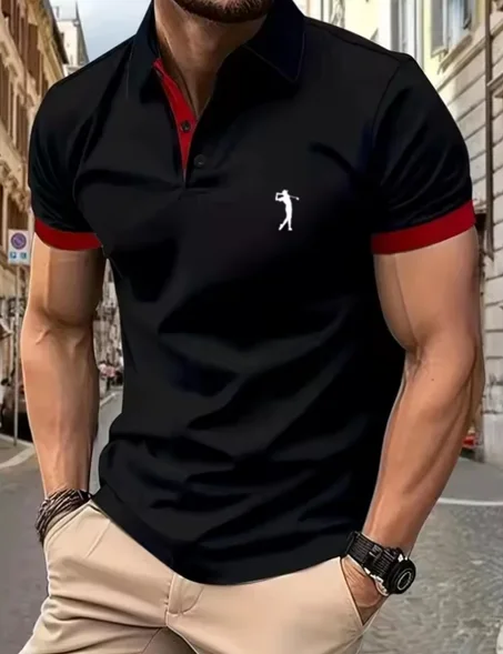 قميص بولو رجالي بلون واحد لصيف 2025، قميص قصير الأكمام ذو ياقة عالية بأكمام، وقميص بولو شارع كاجوال للرجال
