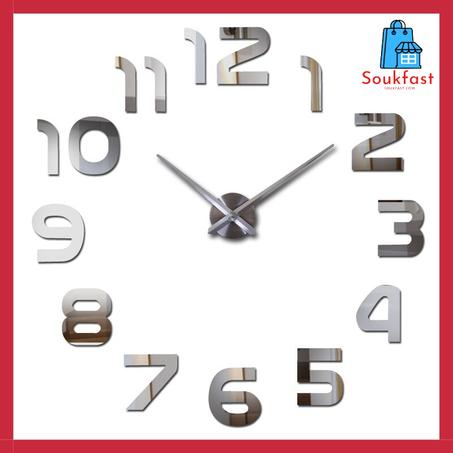ساعة حائطية ثلاثية الأبعاد كبيرة الحجم لون فضي  DIY CLOCK 3D SILVER