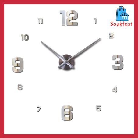 ساعة حائطية ثلاثية الأبعاد كبيرة الحجم لون فضي DIY CLOCK 3D BLACK JAD 9 SILVER