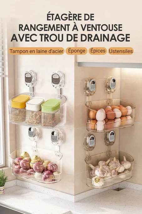 support mural multifonctionnel à ventouse pour la maison – Étagère de rangement sans perçage pour cuisine, salle de bain, toilettes, chambre, buanderie, balcon et autres espaces de la maisono