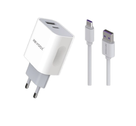 REVOOX charger and cable set. charger with both a USB-A and a USB-C (PD) port