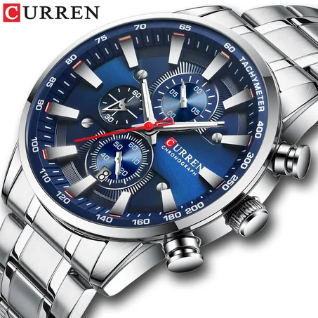 CURREN-montren acier inoxydable,chronographe Gris Tableau bleu, Avec la boite