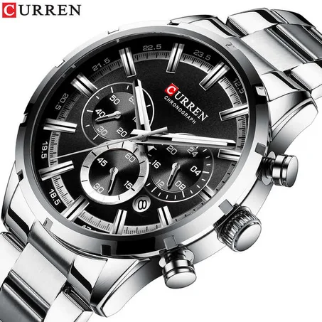 CURREN-montren acier inoxydable,chronographe Gris Tableau bleu, Avec la boite