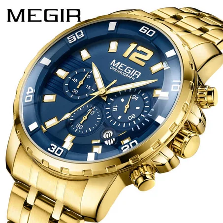 Megir Montre de LUXE, Style Classe, Chronographe, Top Qualité - Doré Fond Bleu