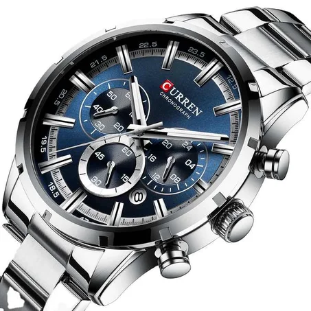 CURREN-montren acier inoxydable,chronographe Gris tableau bleu , Avec la boite