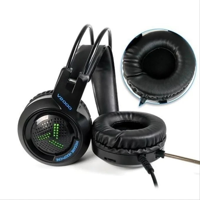 V2000 Professional Wired Gaming Headphone 3.5mm Stereo Bass LED Over-ear Headset  Headphones With Mic