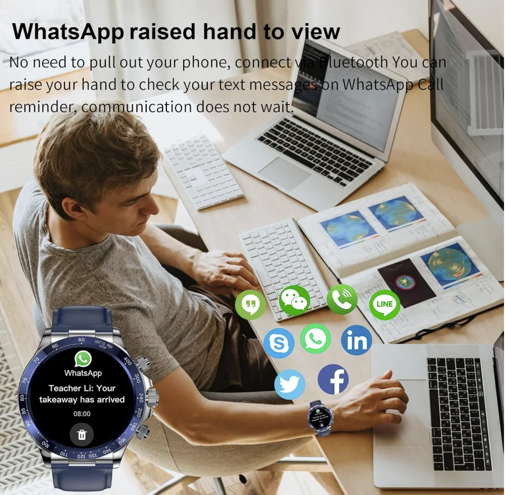 ساعة ذكية للرجال من بوستبو شاشة تعمل باللمس بالكامل مراقبة نشاط معدل ضربات القلب وضغط الدم IP67 السعرات الحرارية النوم عداد الخطوات 1.39 أزرق