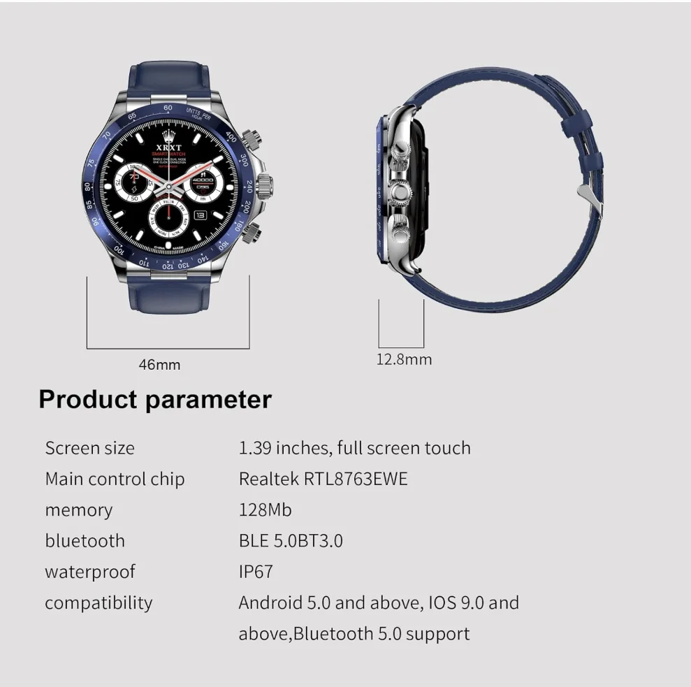 ساعة ذكية للرجال من بوستبو شاشة تعمل باللمس بالكامل مراقبة نشاط معدل ضربات القلب وضغط الدم IP67 السعرات الحرارية النوم عداد الخطوات 1.39 أزرق