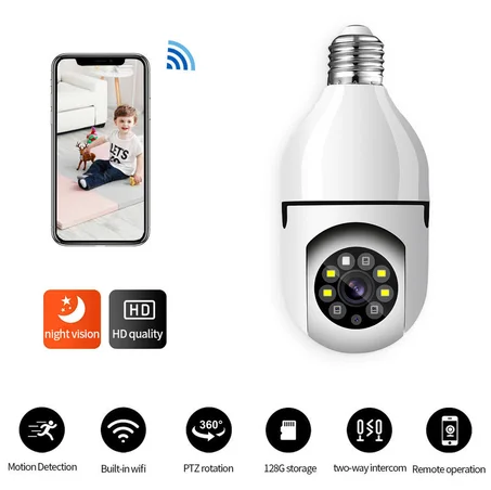 كاميرا مراقبة ذكية مزودة بمصباح بميزة تسجيل الصوت و الصورة بجودة عالية WIFI Security Camera Smart Wireless Bulb (360 درجة)
