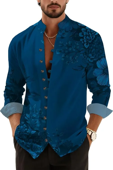 Men's Floral Paisley Print Mandarin Collar Button Down Shirt Lightweight Cotton Linen Long Sleeve Casual Top
