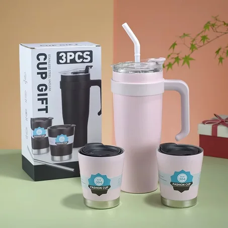 Coffret 3 Pièces – Gobelets Isothermes en Acier Inoxydable avec Paille et Couvercle Hermétique