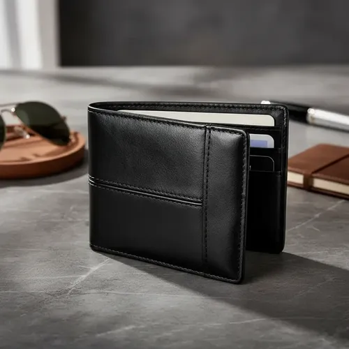 Un portefeuille pour homme en cuir noir, équipé de la technologie de blocage par radiofréquence (RFID), pliable