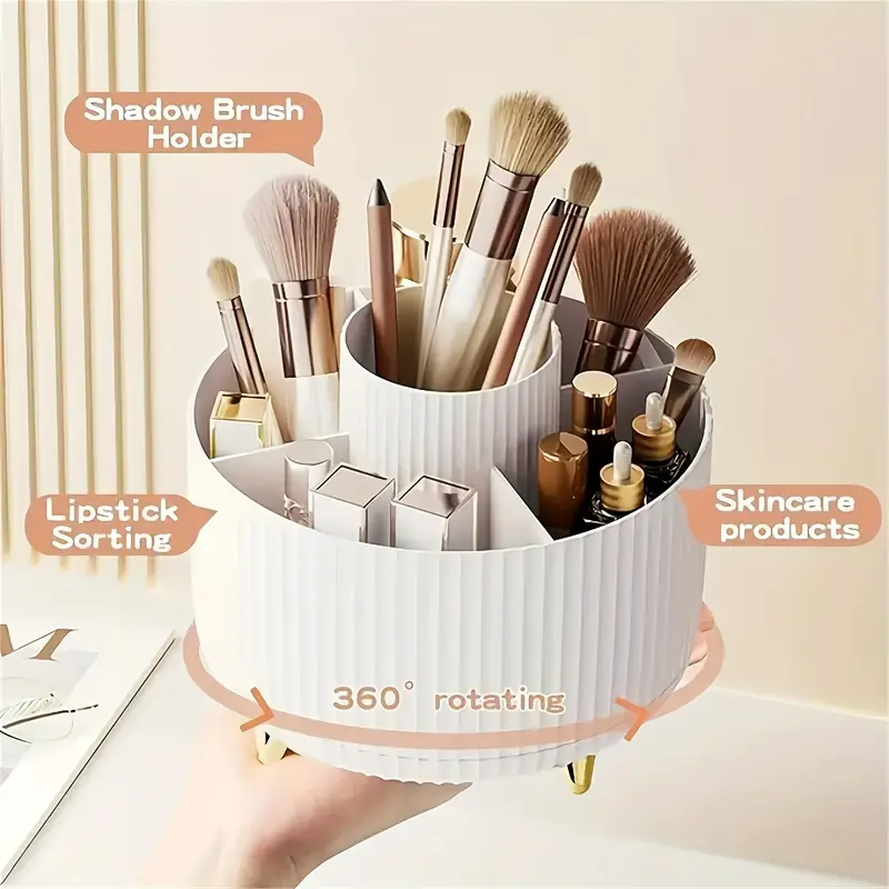 1pc organizador de maquillaje giratorio 360° - almacenamiento de plástico con 5 compartimentos y diseño de rayas elegantes, soporte sin necesidad de energía para brochas, lápices labiales, de la piel, papelería, porta brochas moderno y estilizado, dorado Detalles del producto 2